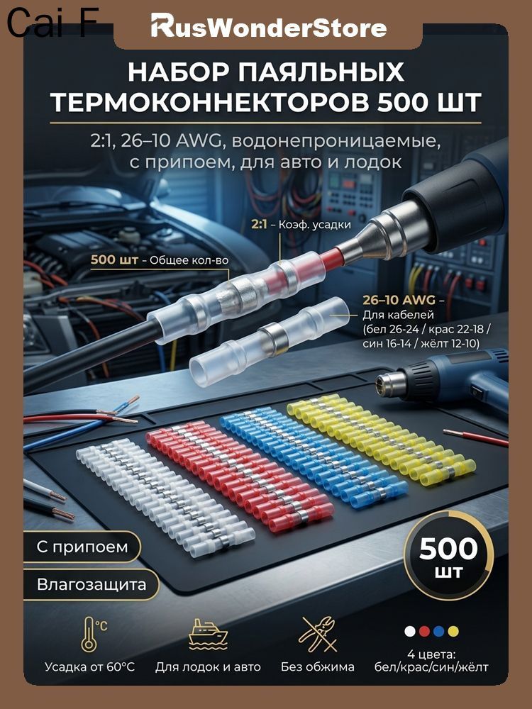 Набор паяльных термоусадочных соединителей 500 шт, водонепроницаемые, 4 размера с цветовой маркировкой, для авто, лодок и катеров