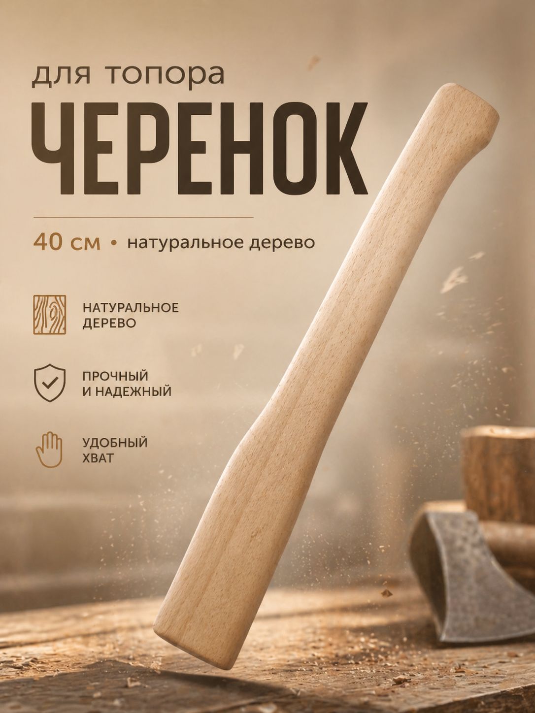 Топорище 40 см универсальное - черенок для топора, рукоятка для замены, натуральное дерево