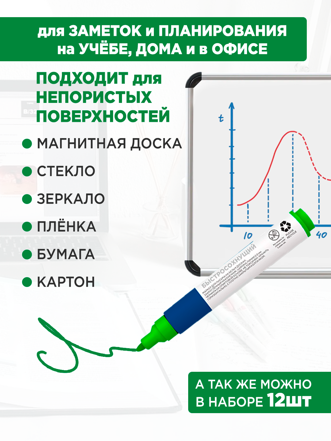 Маркер зеленый Alfa 1MW004, для флипчартов и белых досок, стираемый, быстросохнущий