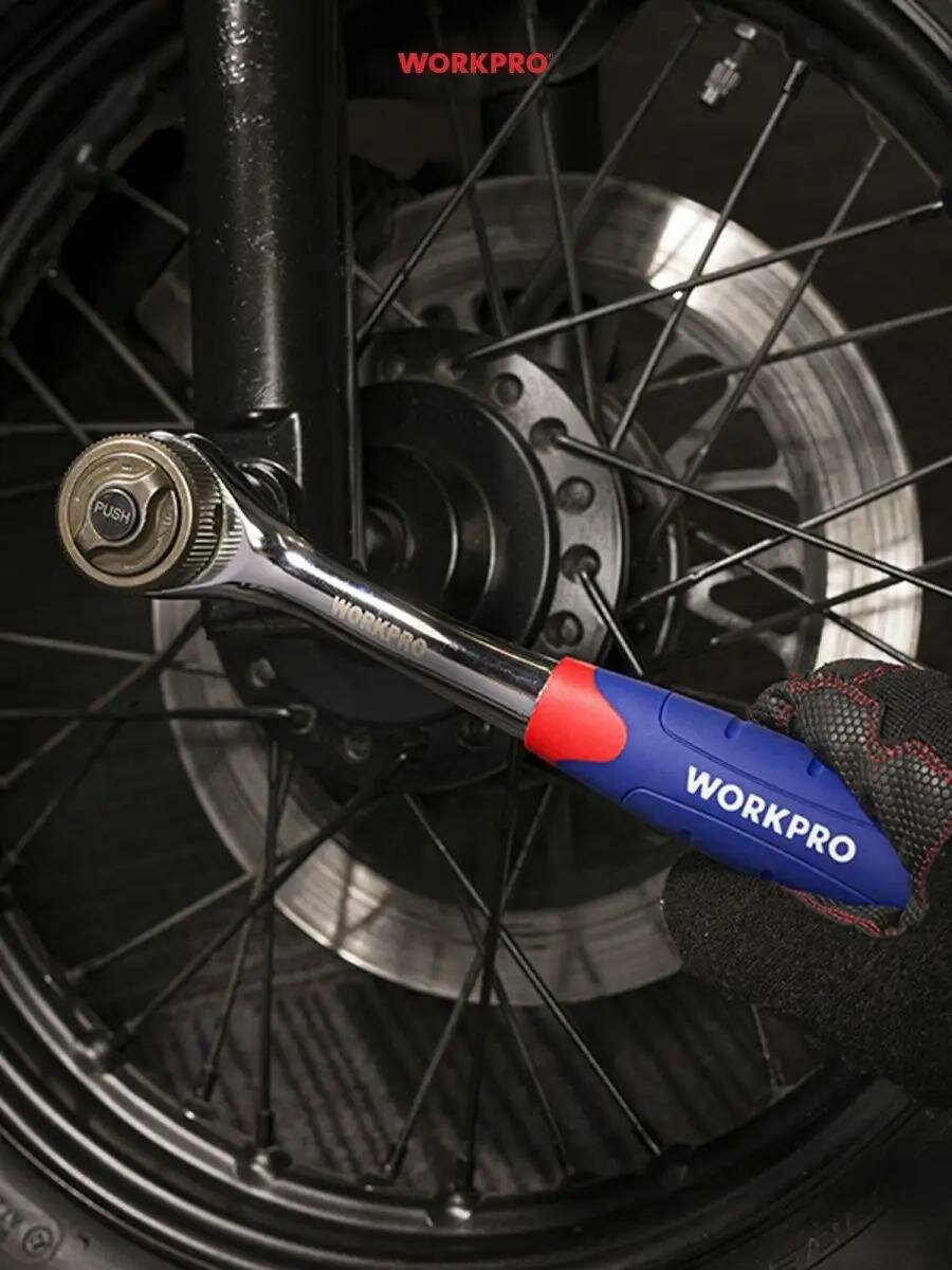 Трещотка WORKPRO 1/4"-1/2",45зубьев, хром-ванадиевая сталь, быстросъемная, прорезиненнаяручка — фото 1