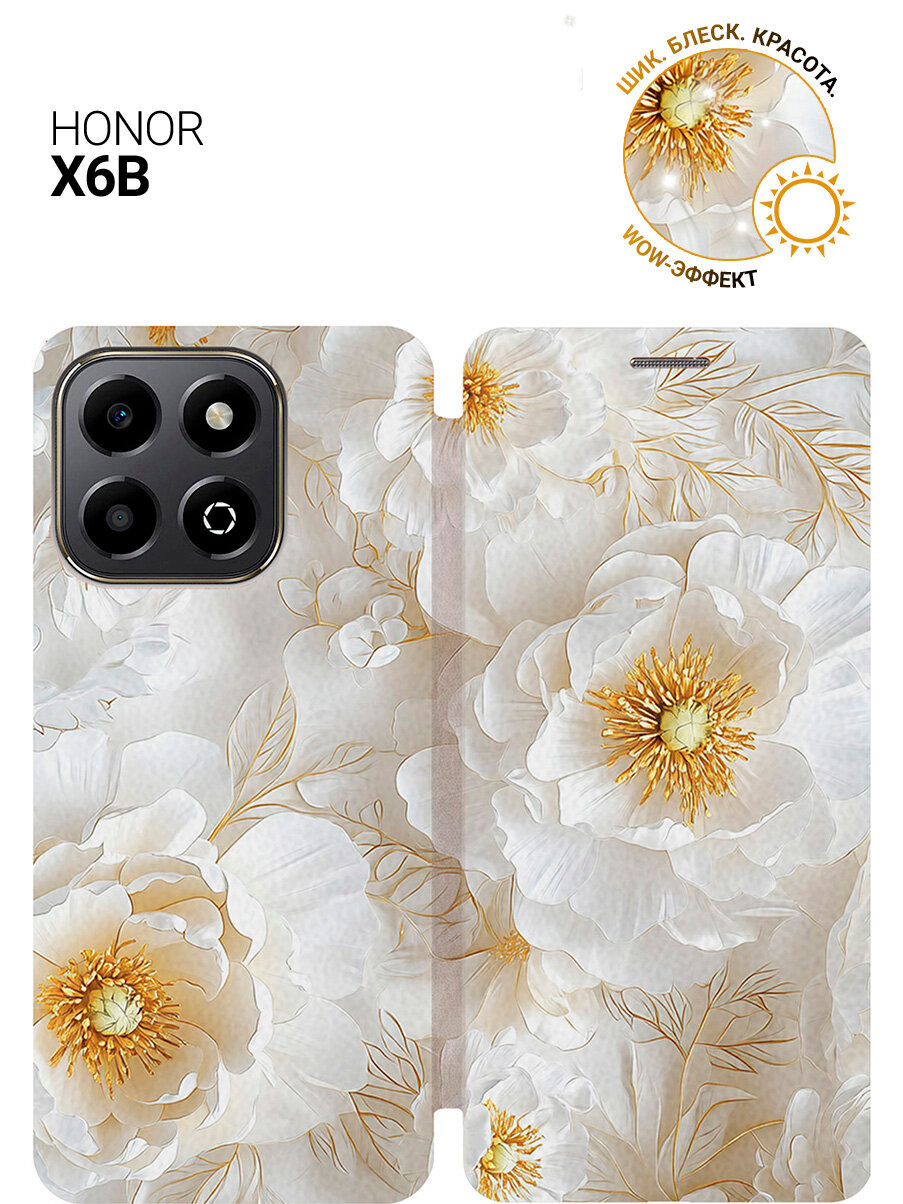 Чехол-книжка на Honor X6b с принтом "Нежность цветов" золотой