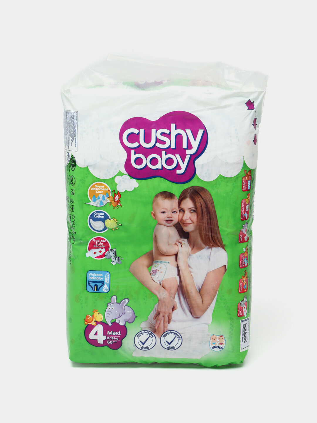 Подгузники Cushy Baby с липучкой, 4, 60 штук, 8-19 кг