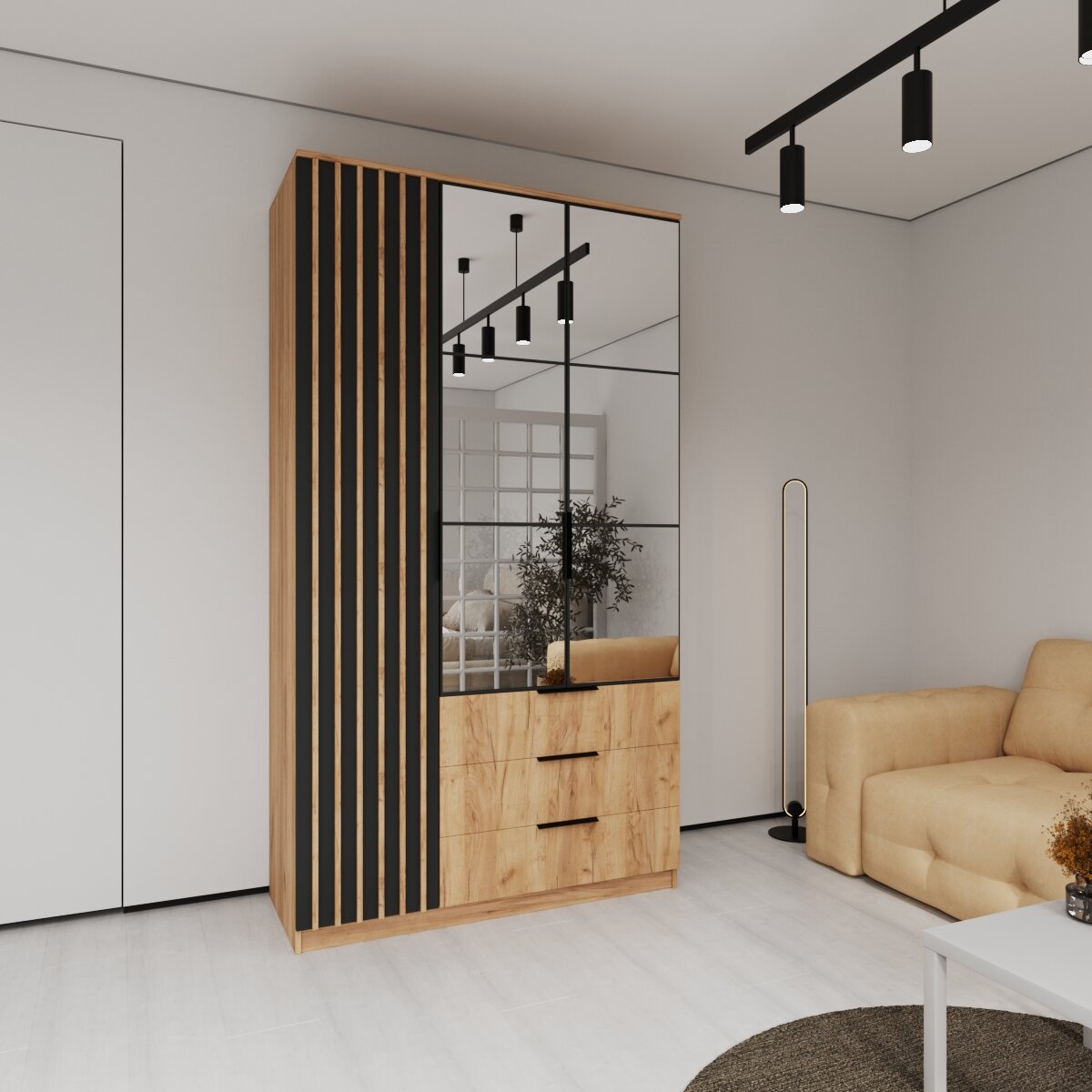 Шкаф Сорренто 1, 1200x2150x500 мм, Дуб Крафт Золотой / Антрацит, 3 двери, 3 ящика, 5 полок, зеркало