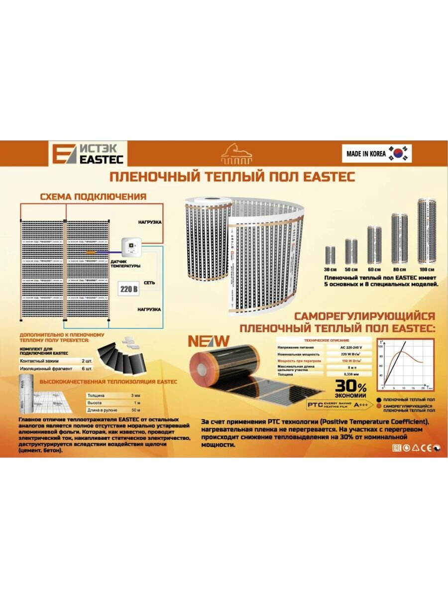 Инфракрасный теплый пол Eastec 16 м х 50 см 1760 Вт комплект EX-305-16N без терморегулятора под ламинат, линолеум — фото 1