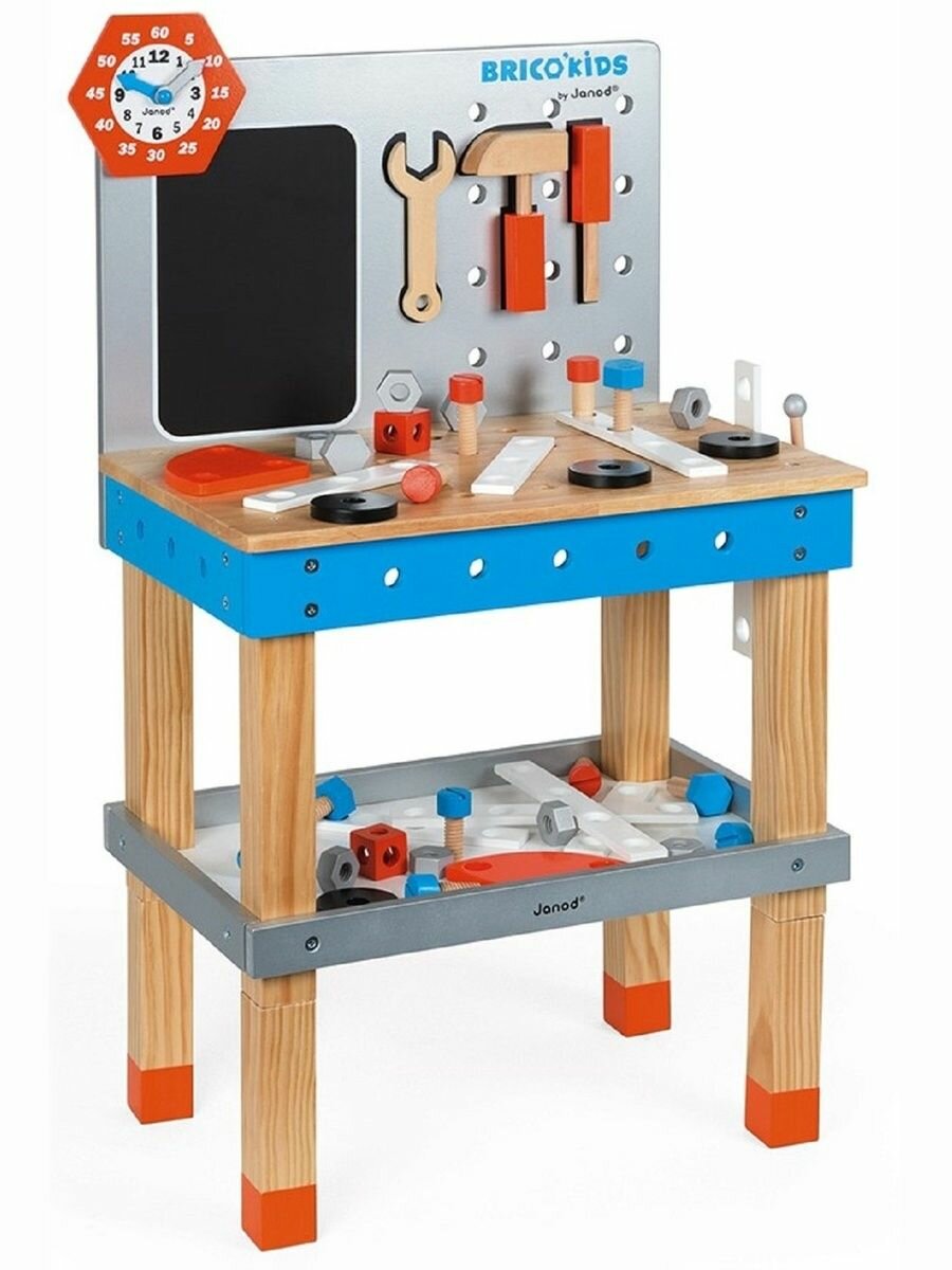 JANOD Детский верстак Brico'Kids деревянный с магнитными инструментами и 40 аксессуарами, регулируемый по высоте, от 3 лет
