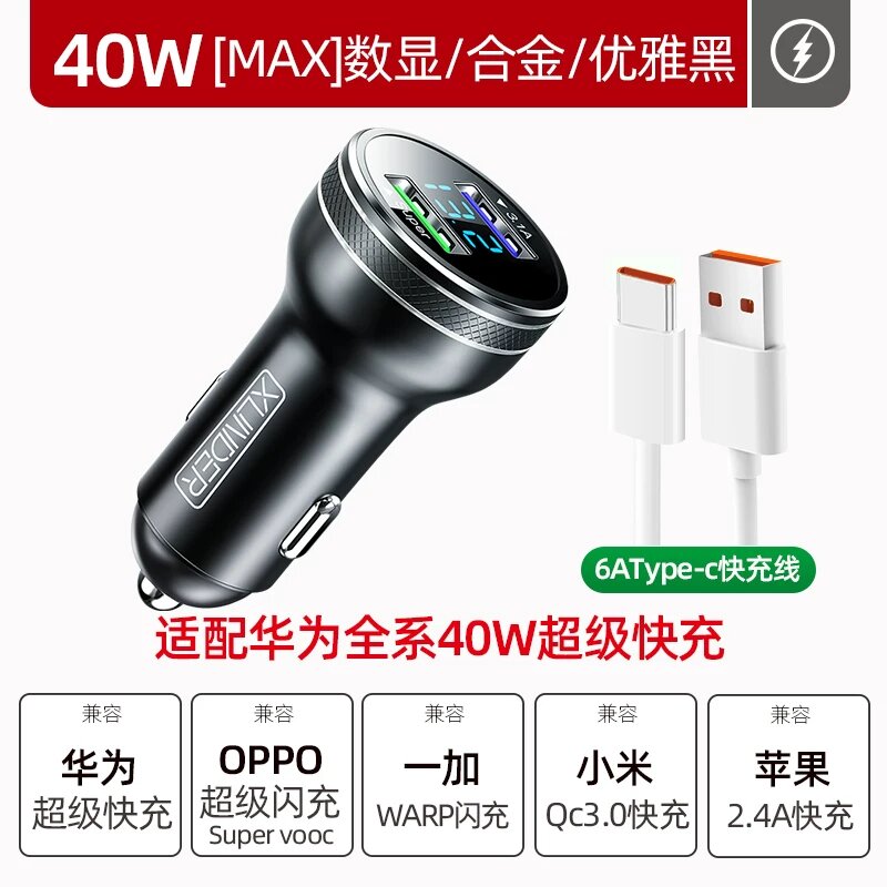 Двойное зарядное устройство 30 Вт с USB-C для быстрой зарядки Android, включает кабель 6А Type-C для автомобильного