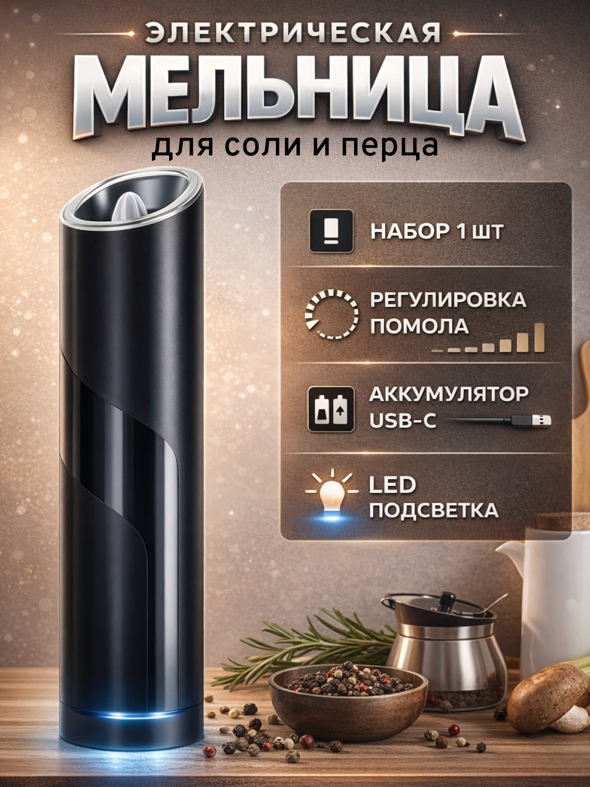 Мельница для специй, соли и перца, электрическая, с подсветкой, черная