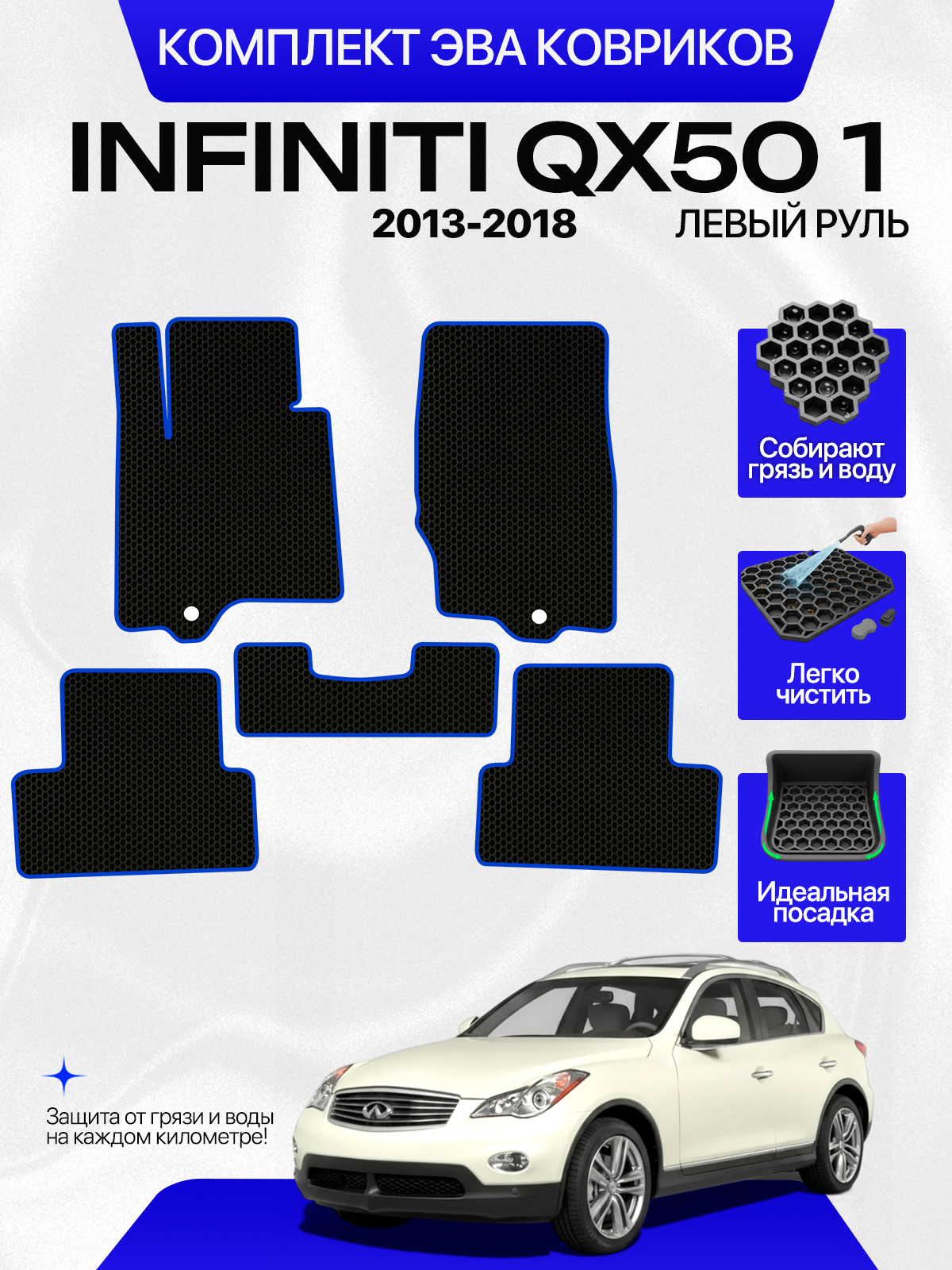 Эва коврики для INFINITI QX50 2013-2018 Левый руль, черный с синим кантом(Инфинити Ку Икс 50 2013-2016 и рестайлинг 2015-2018)Ева, Eva