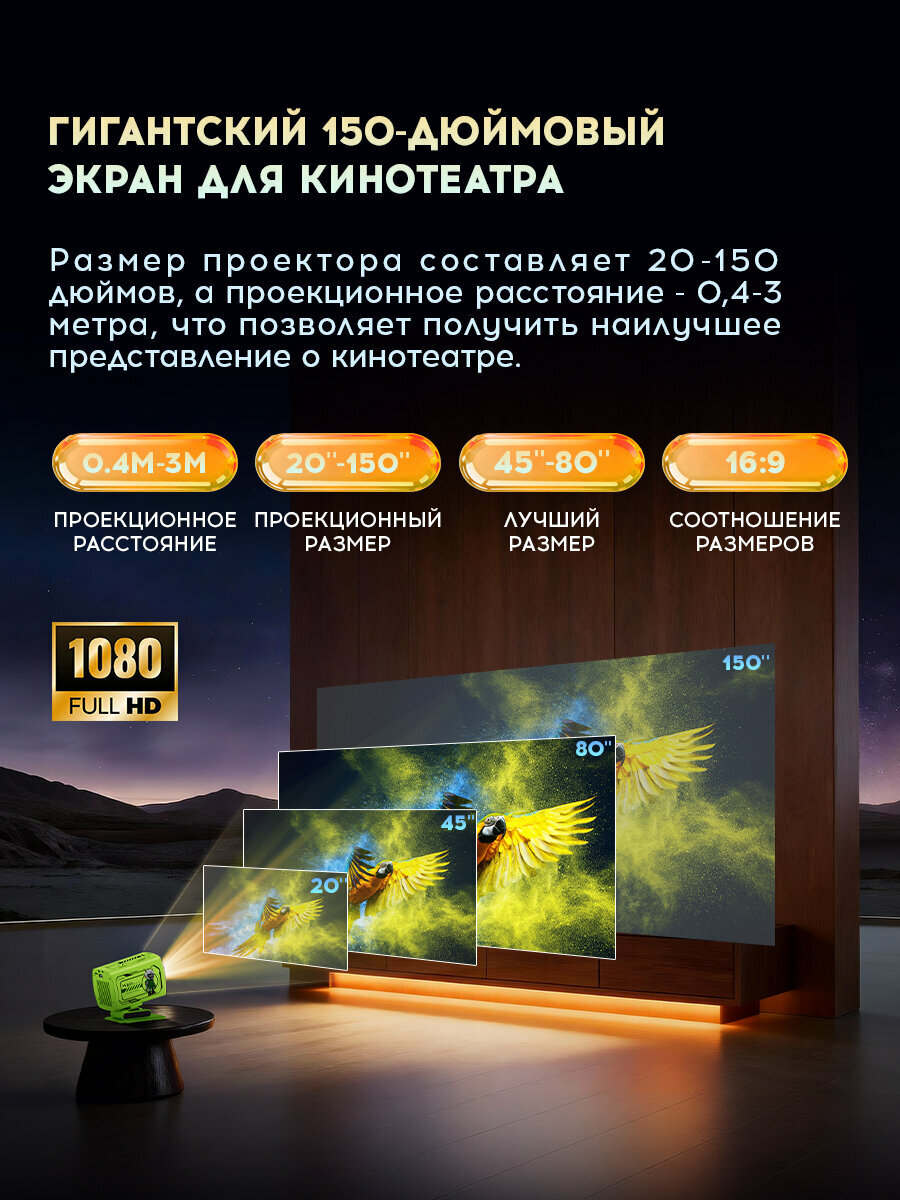 Проектор, Проектор для фильмов "Кинотеатр домашний", поддержка , Ultra HD, Wi-Fi, Bluetooth — фото 1