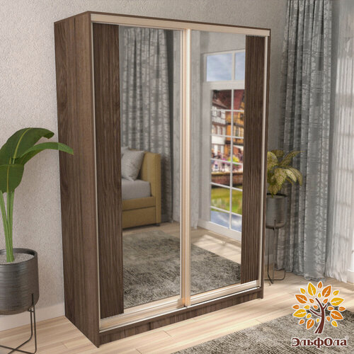 Изображение товара ЭльфОла Шкаф-купе "Вертикаль" 120х45х220 см, цвет гикори джексон темный/золото/накладка гикори джексон, с зеркалом, для одежды, двухдверный