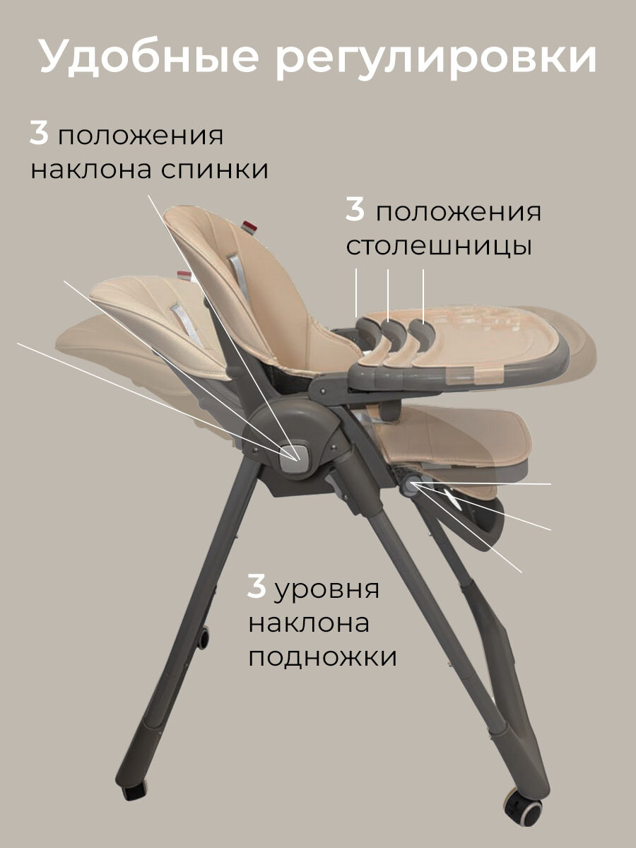 Стульчик для кормления ребенка Bella Baby складной бежевый на колесах с чехлом из экокожи — фото 1