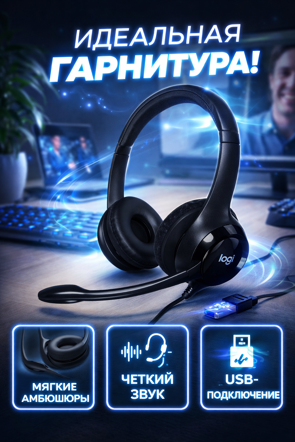 Проводные наушники для компьютера Logitech H390 с микрофоном, Черный