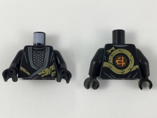 Torso Ninjago Robe with Dark Bluish Gray Hems, Gold Dragon Head and Tail, Silver Scale Armor Pattern / Black Arms / Black Hands, 973pb3401c01 Black U