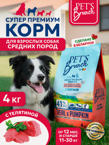 Изображение товара Сухой корм PET’S BRUNCH, для собак средних пород, суперпремиум, с говядиной, 4 кг