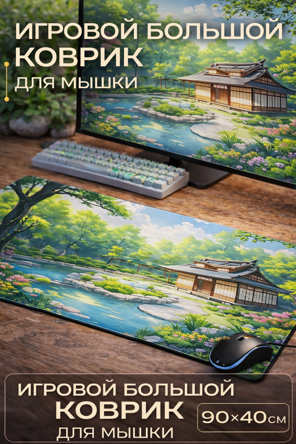 Коврик для мышки, игровой, прошитые края, резина, 90 см x 40 см