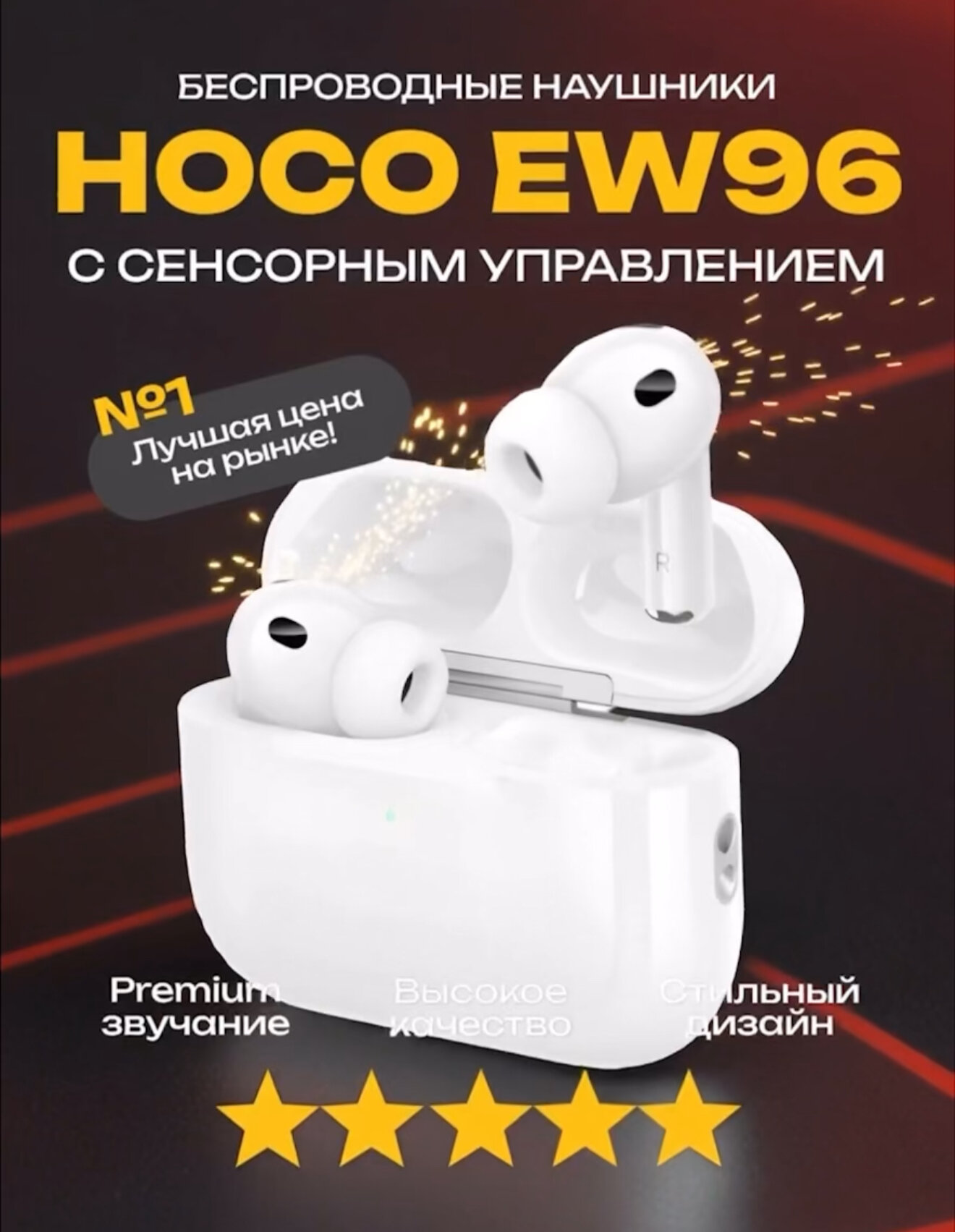 Hoco EW96 — беспроводные наушники, аналог AirPods Pro 3, Bluetooth 6.0, микрофон, зарядный кейс 300 мА·ч