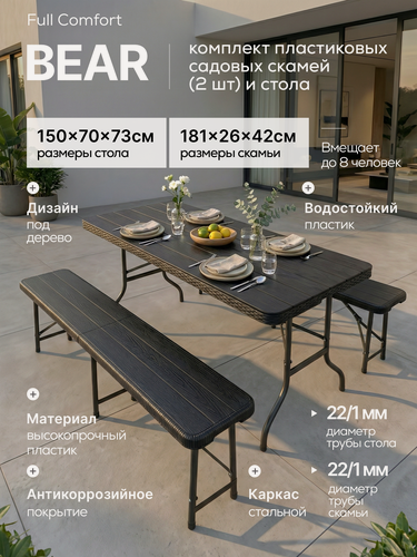 Изображение товара Комплект пластиковых складных скамей (2 шт) и стола (150х70х73 см) - Full Comfort, плетение под ротанг