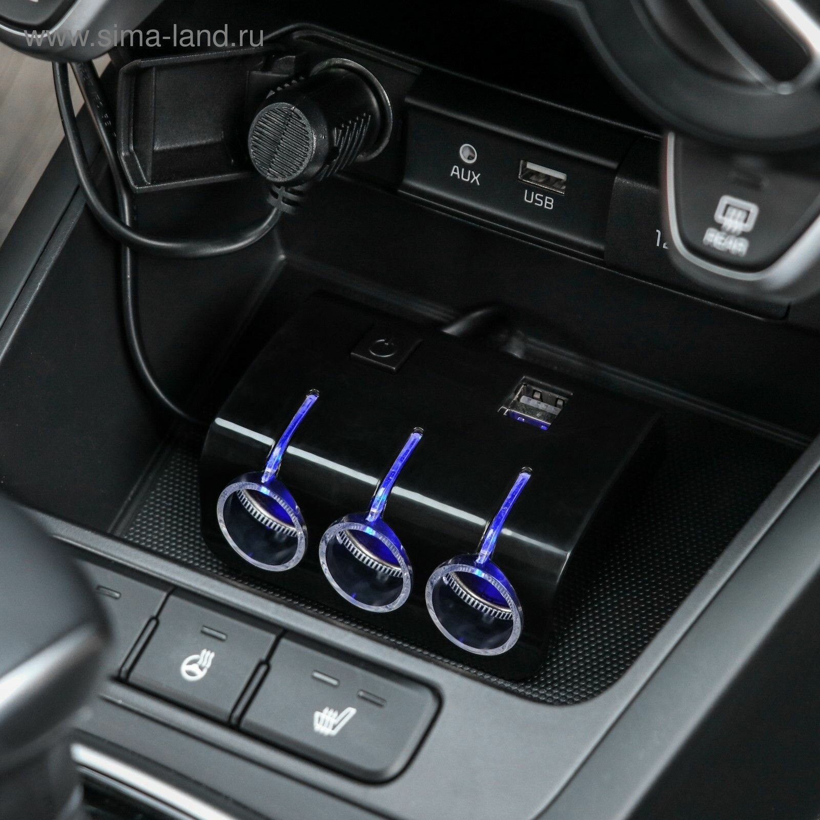 Разветвитель прикуривателя автомобильный 3 гнезда с подсветкой, 2 USB, 12/24 В, провод 70 см, черный
