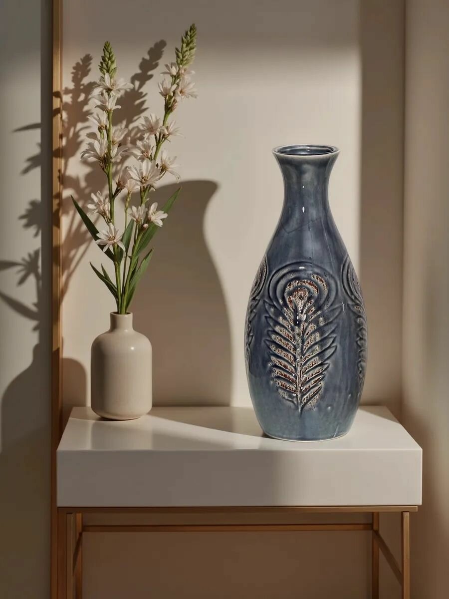 Ваза керамическая настольная, размер 10*10*22см, серо-голубой — фото 1