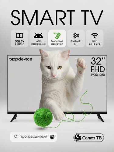 Изображение товара Телевизор 32 дюйма Topdevice Smart TV, Full HD, VA, Салют ТВ, Wi-Fi, Bluetooth, TDHTV32SFD_BK