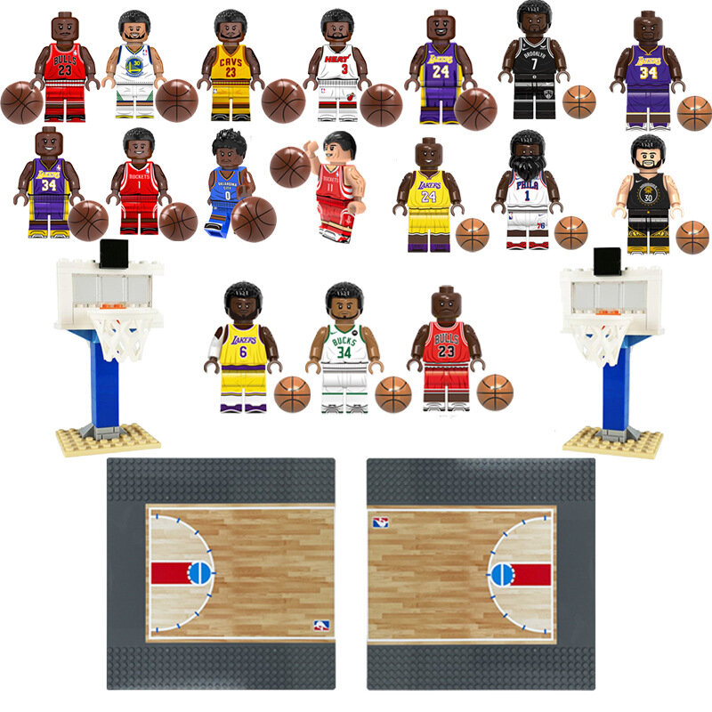 Набор строительных блоков с сценой баскетбольного поля NBA с мини-фигурками игроков и кольцом для поклонников спорта и