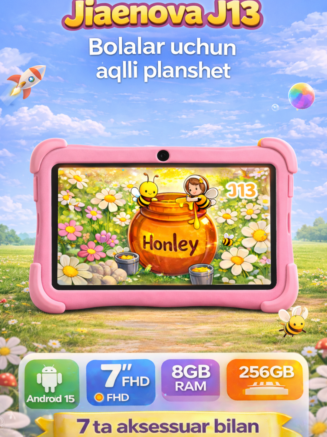 Детский планшет Jiaenova J13 – 7" FHD экран, 8GB RAM, 256GB память, Android 15, WiFi, комплект с 7 аксессуарами
