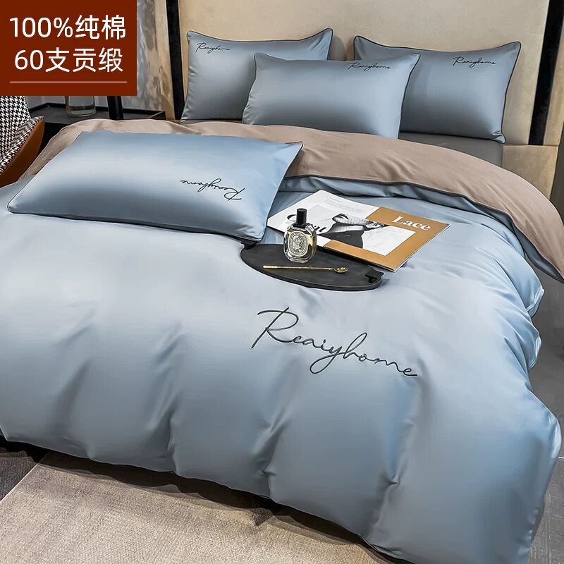 Хлопковый комплект для постели подушка и простыня 220x240 см + 245x270 см, цвет морской зеленый и светло-серый