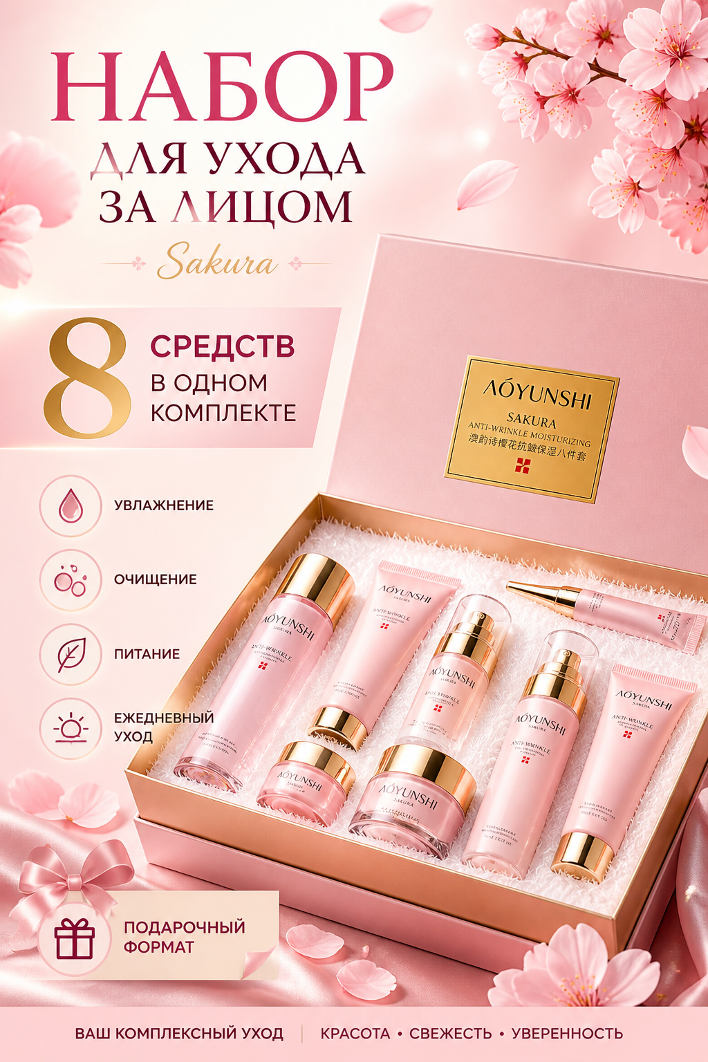 Подарочный набор ухода за лицом AOYUNSHI Sakura — 8 средств в одном комплекте для идеальной кожи каждый день