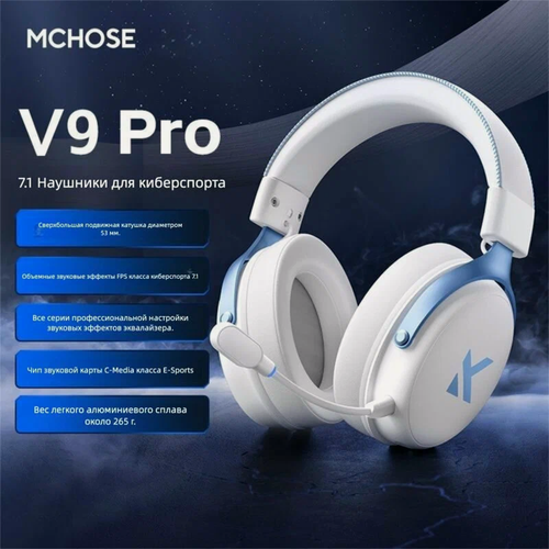 Изображение товара MCHOSE V9 Pro Беспроводные игровые наушники (Bluetooth/2.4G/USB-C), С микрофоном, RGB-подсветка-белый-голубой