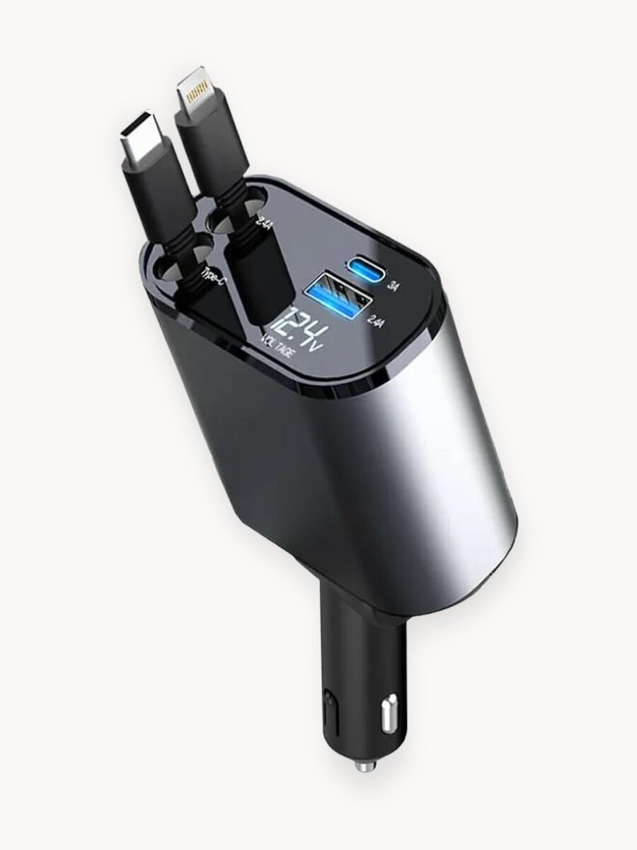 Быстрая зарядка 120W для авто в прикуриватель / 4 в 1 Type-C + Lightning + USB / Автомобильное зарядное устройство