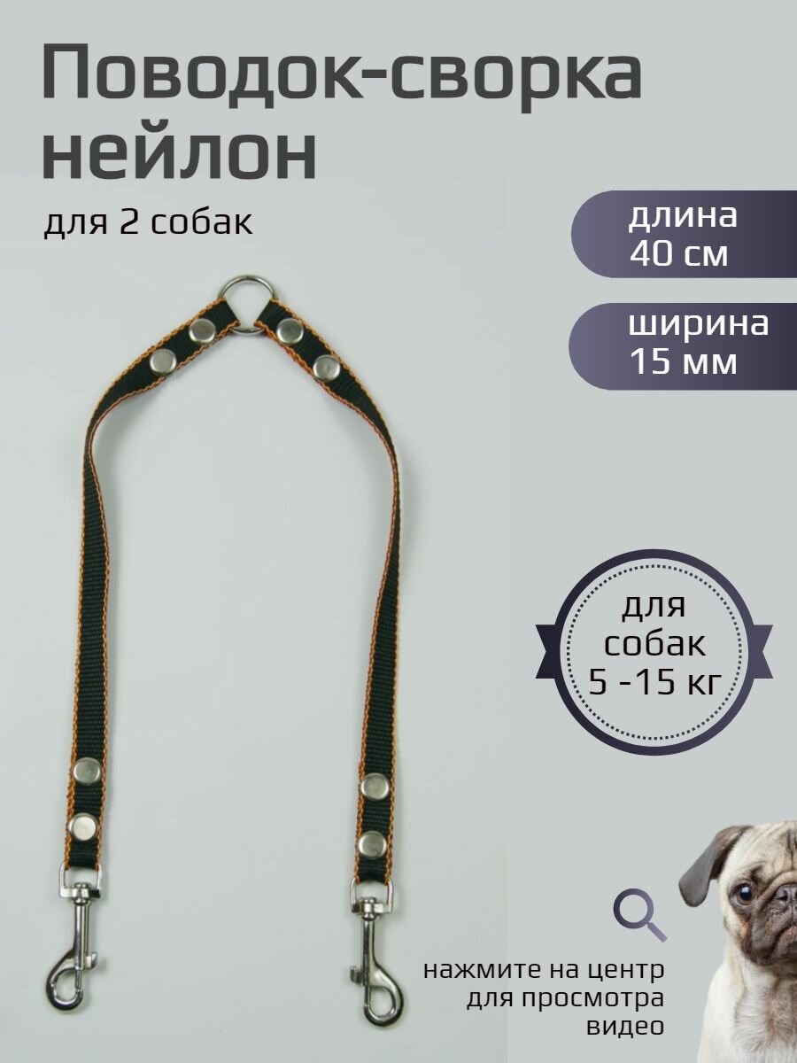 Сворка для двух собак нейлон 40 см х 15 мм (черно-оранжевый)