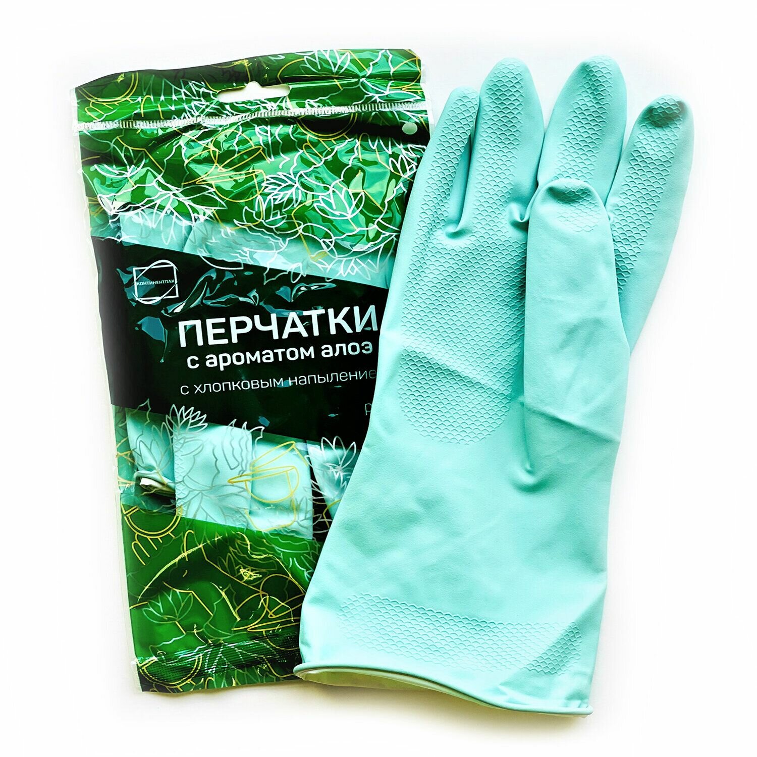 Хозяйственные перчатки КонтинентПак многоразовые латексные  с ароматом Алоэ  зеленые  хлопчатобумажное напыление  размер M средний  58 г