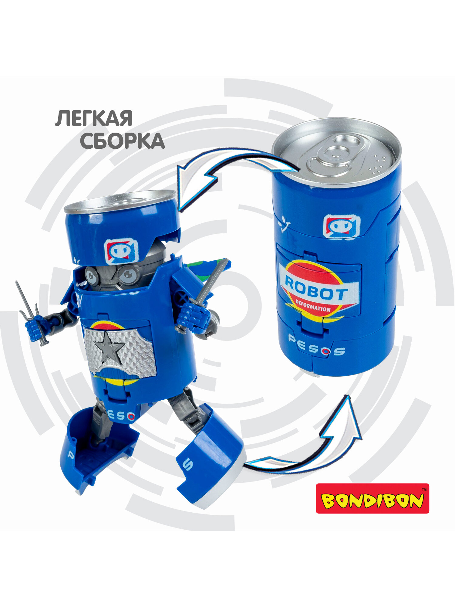 Изображение Трансформер "BONDIBOT 2 в 1", банка - робот Самурай с оружием, синий, Bondibon