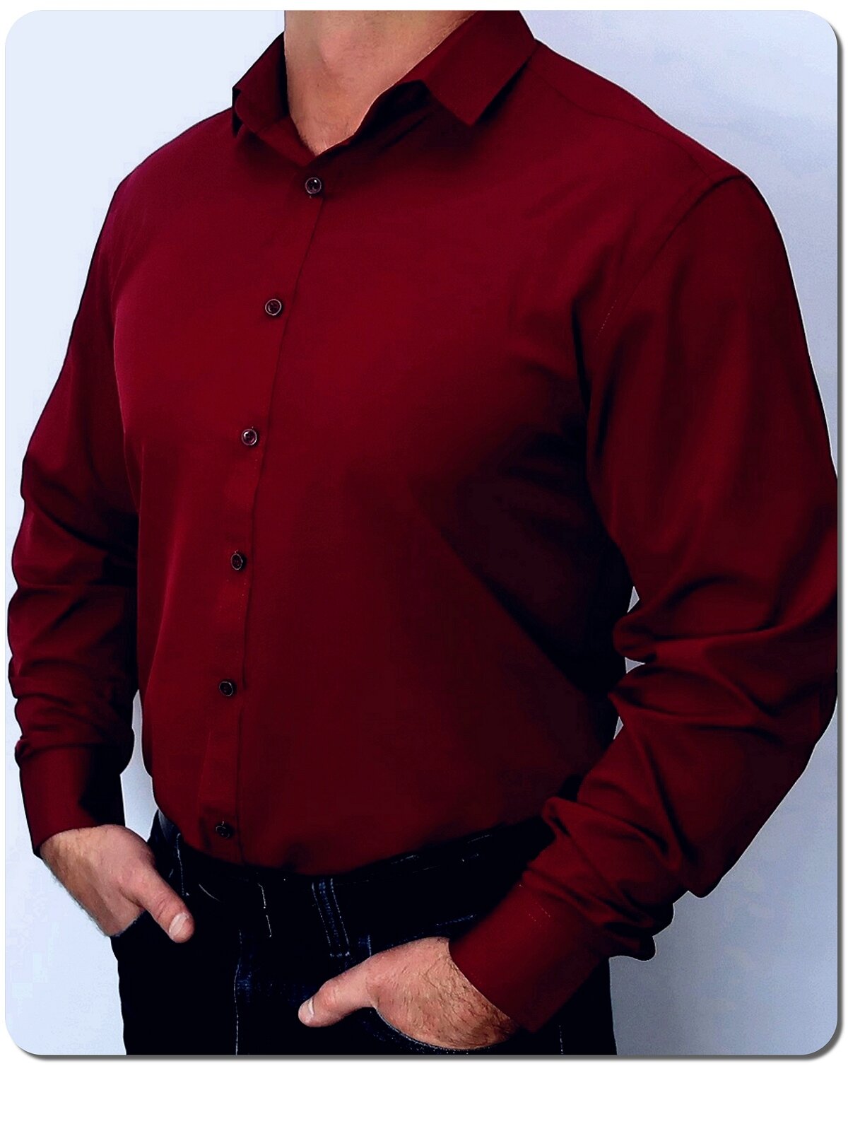 Рубашка приталенная с длинным рукавом мужская рубашка, темная сорочка на пуговицах, рубаха на любой сезон, бордовая однотонная, без карманов, на любой сезон и на лето рубашка Slim fit с приталенным кроем зауж