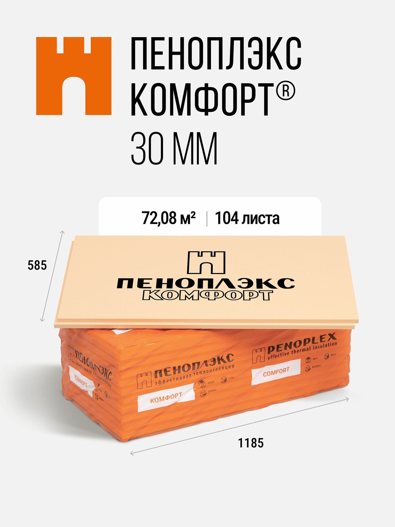 Утеплитель XPS пеноплэкс комфорт 30 мм (104 листа) для крыш стен цоколей балконов и лоджий 30х585х1185мм - 8 упаковок