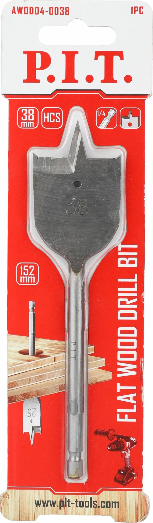 Сверло по дереву перовое P.I.T. Ø38x152мм, хвостовик HEX 1/4"/6,35мм (AWOD04-0038)