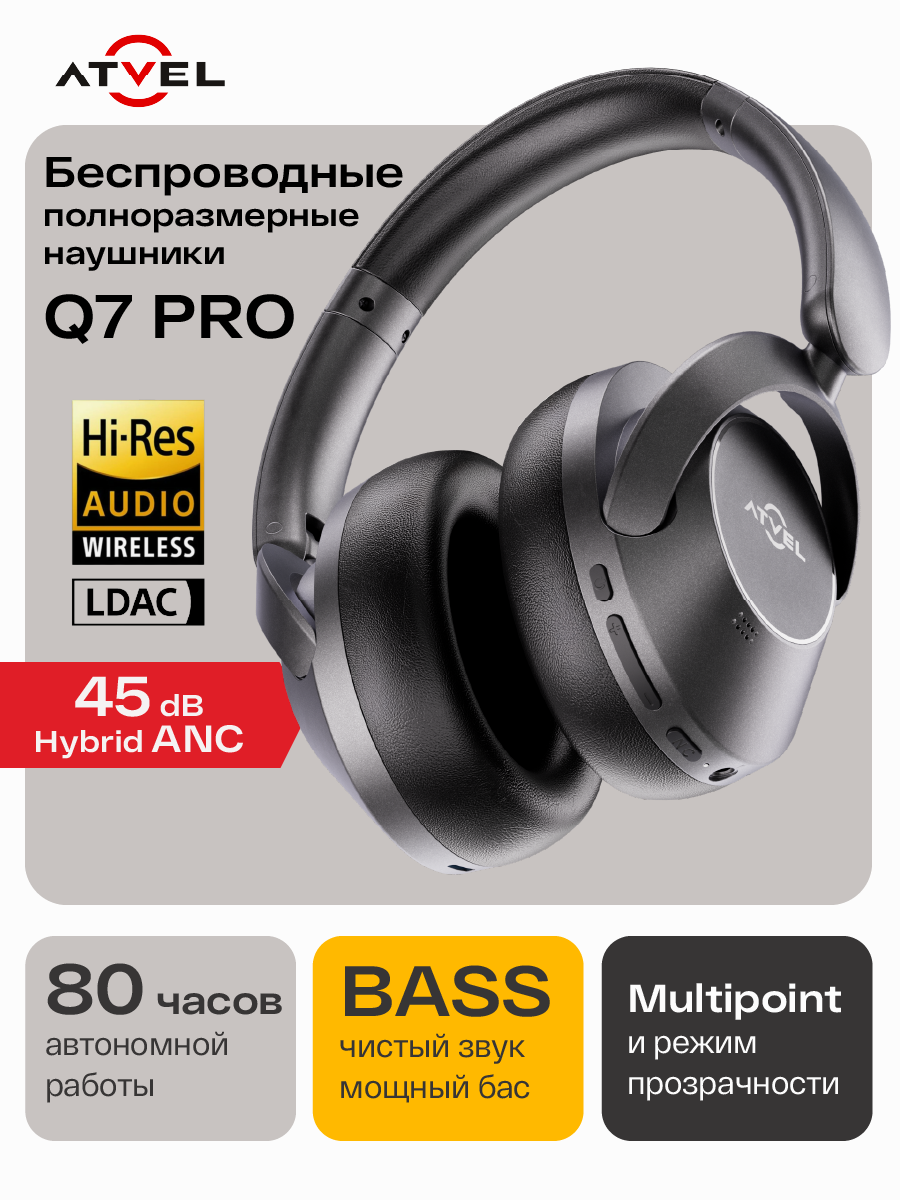 Наушники беспроводные Atvel Tune Pro Q7 полноразмерные большие с микрофоном, Bluetooth 5.3, ANC