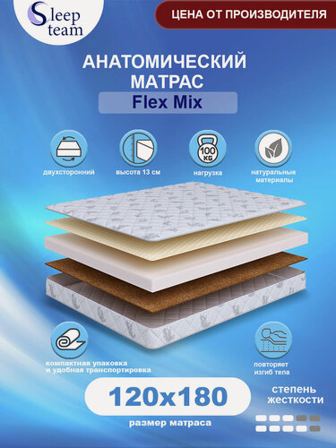 Изображение товара Матрас SleepTeam Flex Mix 120х180, для кровати, высота 13 см, беспружинный с массажным эффектом, односпальный