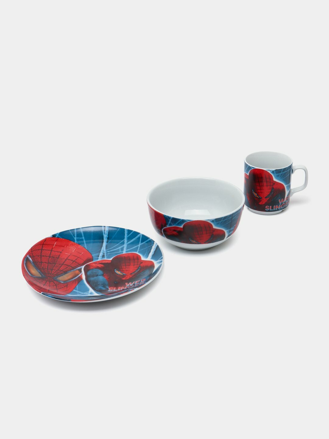 Детский набор Spiderman, 3 предмета – стакан, миска и тарелка. Стакан, миска и тарелка из фарфора. Tanya