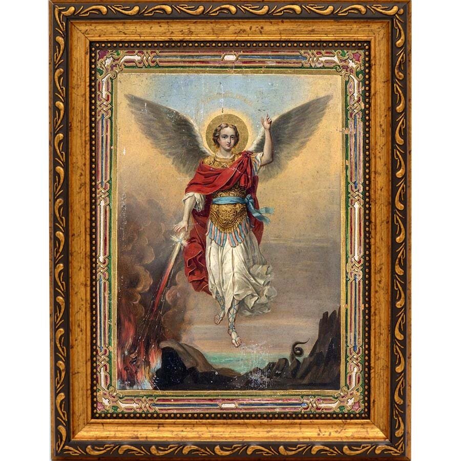 Архистратиг Михаил, попирающий дьявола. Копия иконы 19 века на холсте. (15 х 20 см / В раме / 25)