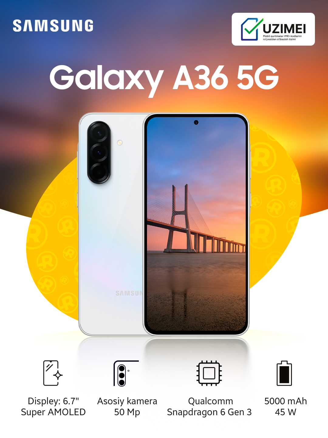 Смартфон Samsung Galaxy A36, 5G, 8/256 GB, AMOLED, 120HZ, 6,7", серый