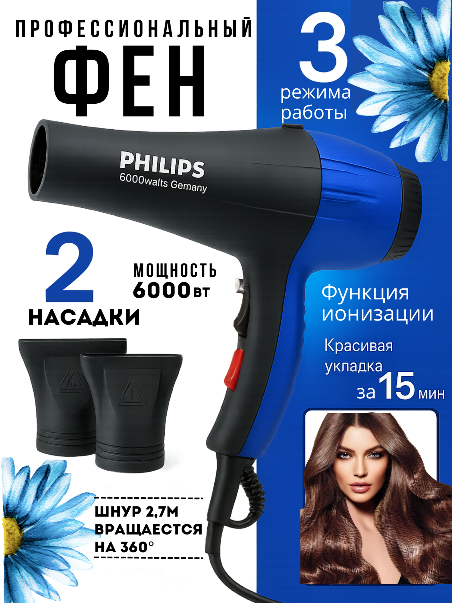 Фен для волос профессиональный PH-8080, для сушки и укладки, с ионизацией