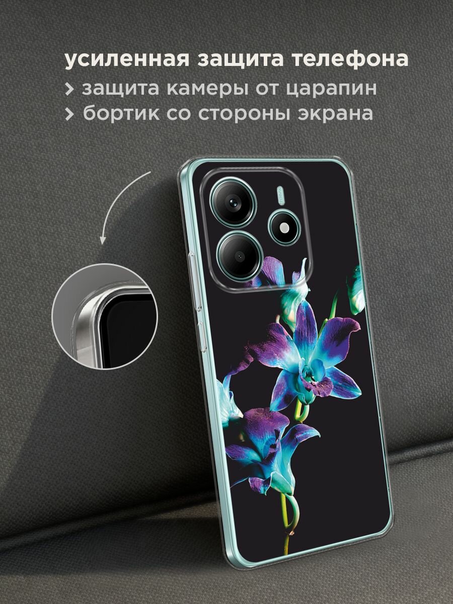 Чехол на Xiaomi Redmi Note 14 4G / Редми Нот 14 4G с принтом "Синий цветок на черном" — фото 1