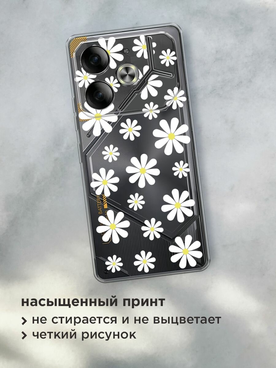 Чехол на Tecno Pova 6 / Текно Пова 6 с принтом "Большие ромашки", прозрачный — фото 1