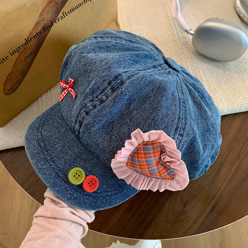 2025 Новый японский джинсовый берет на пуговицах, женский летний сладкий и милый солнцезащитный козырек, восьмиугольная шляпа с облаком любви