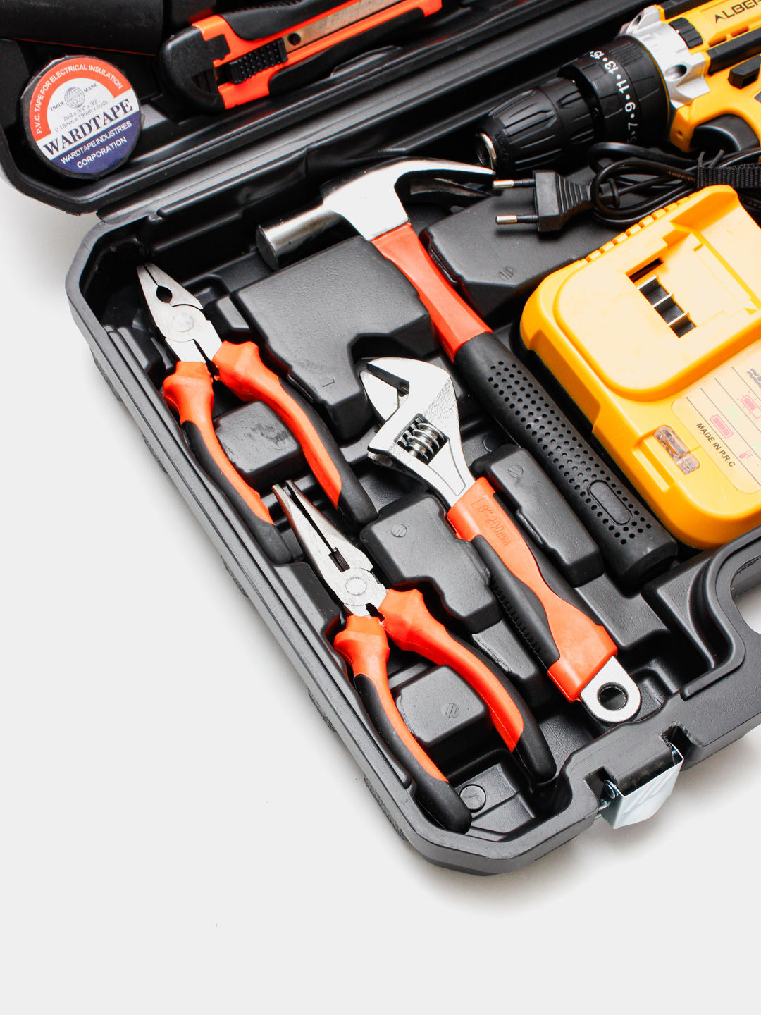 Шуруповерт аккумуляторный, 54 предмета, 2 АКБ, гибкий держатель бит — фото 1