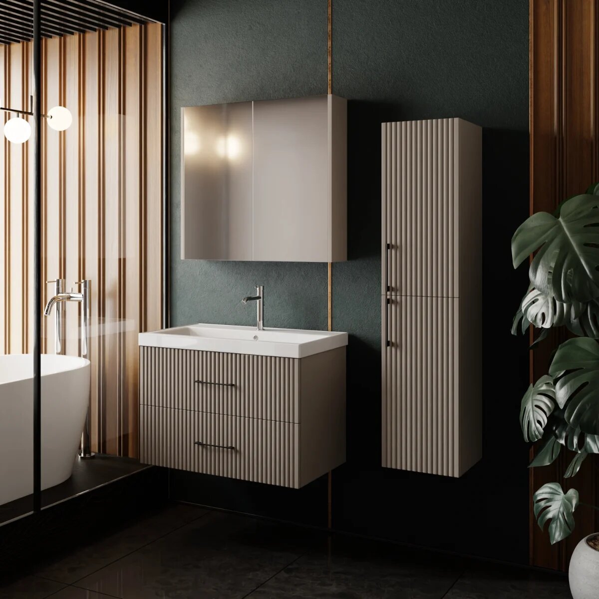 "Liana" Комплект мебели KAREN, для ванной, встроенная раковина, тумба под унитаз и зеркальная тумба, ребристая текстура