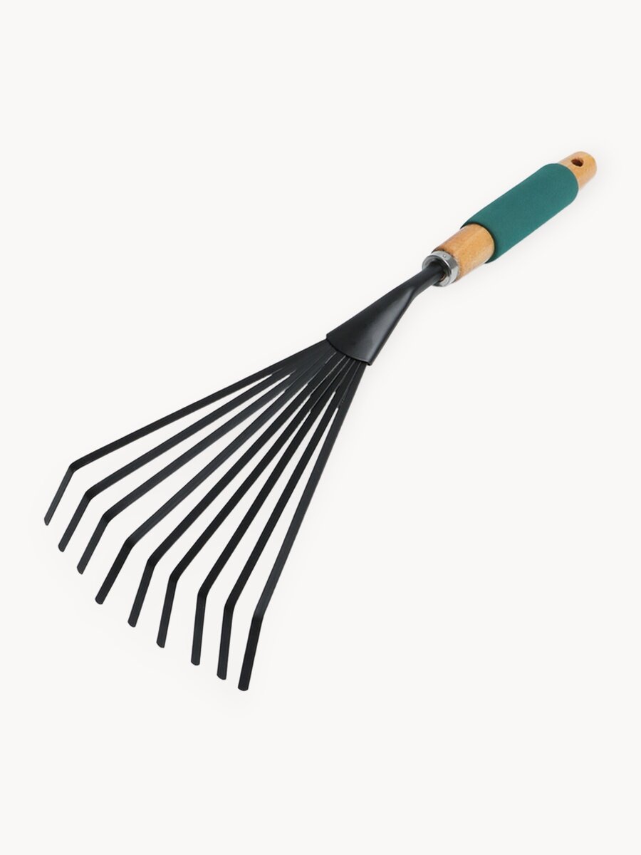 Грабли малые, веерные, пластинчатые, 9 зубцов, длина 42 см, металл, деревянная ручка с поролоном, Greengo