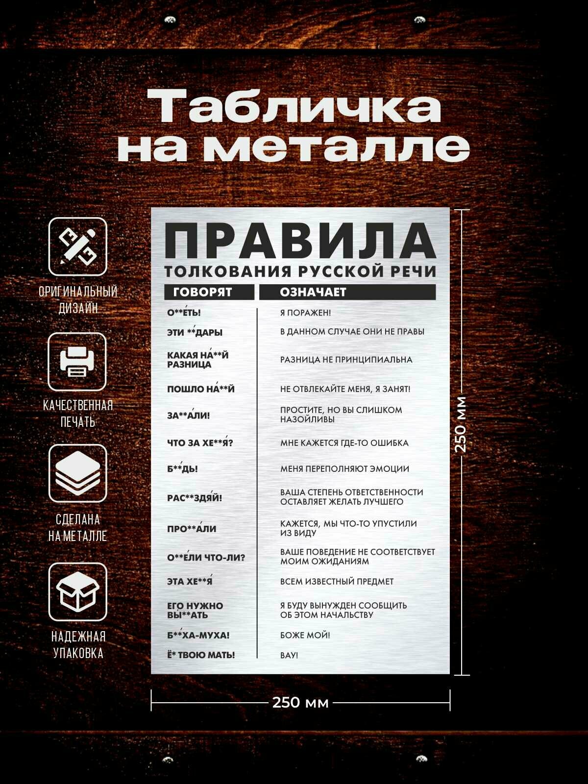 Табличка шуточная "Правила толкования русского языка!" из металла, с креплением на двухсторонний скотч