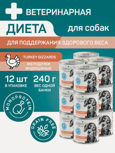 Изображение товара Влажный корм для собак, Zoodiet Perfect Weight, Желудочки индюшиные, 12шт по 240гр